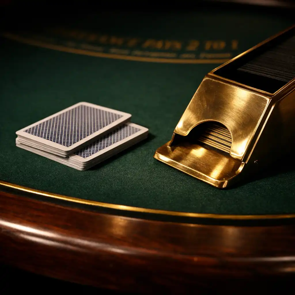 Close-up of a blackjack table with dark green felt, playing cards face down, and a brass card shoe