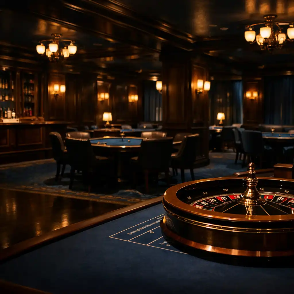 Wide interior view of the Flavor Pavilion casino lounge with a brass-accented roulette table in the foreground and poker tables beyond