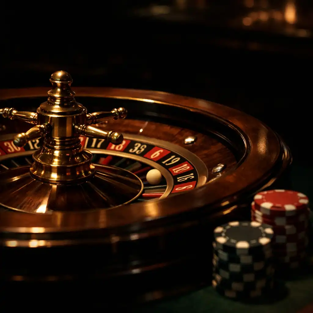 Close-up of a roulette wheel with brass details and a stack of chips in a dark lounge