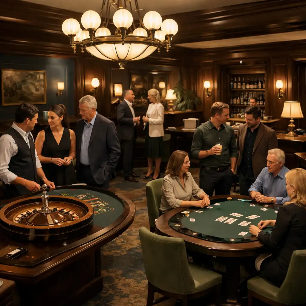 Private casino night event in the lounge with guests in smart casual attire around roulette and poker tables