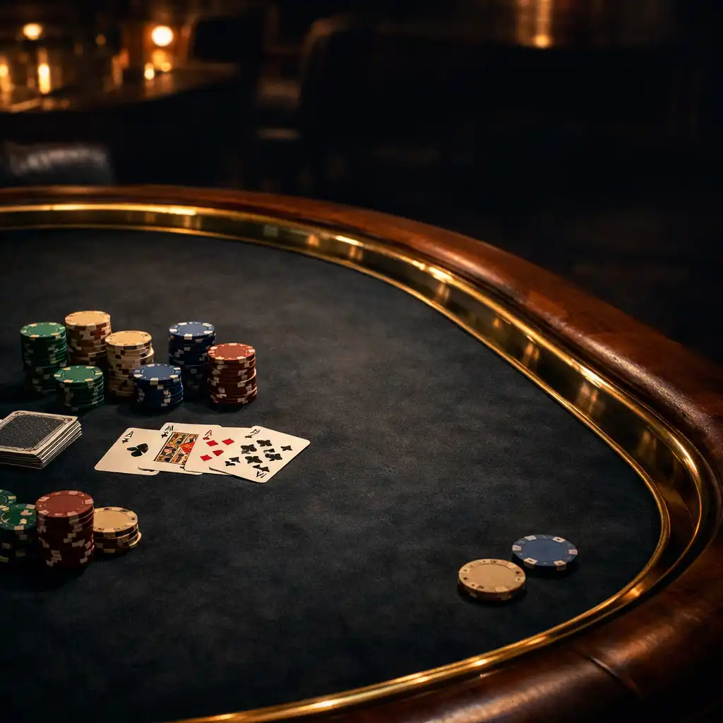 Poker table with dark felt, brass rail, and stacks of clay chips under warm low light