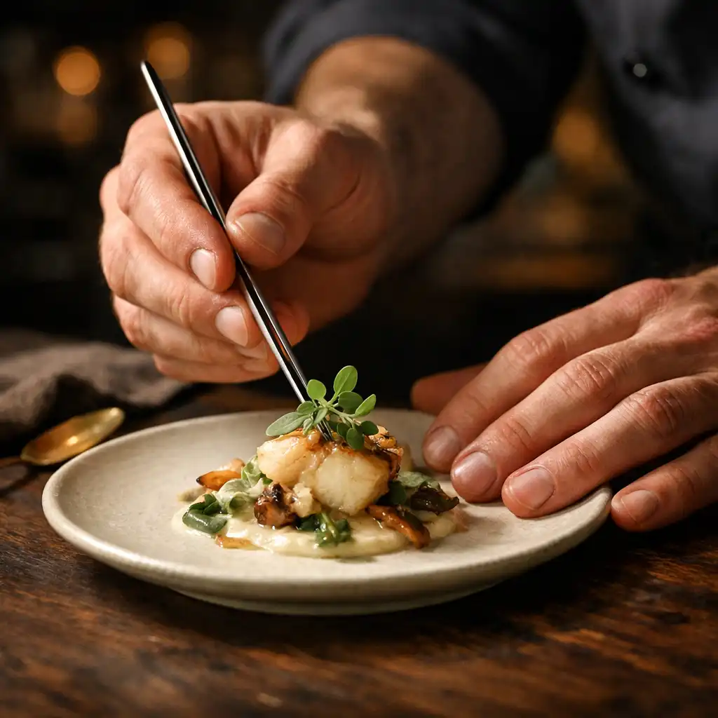 Chef's hands carefully plating a delicate dish with tweezers