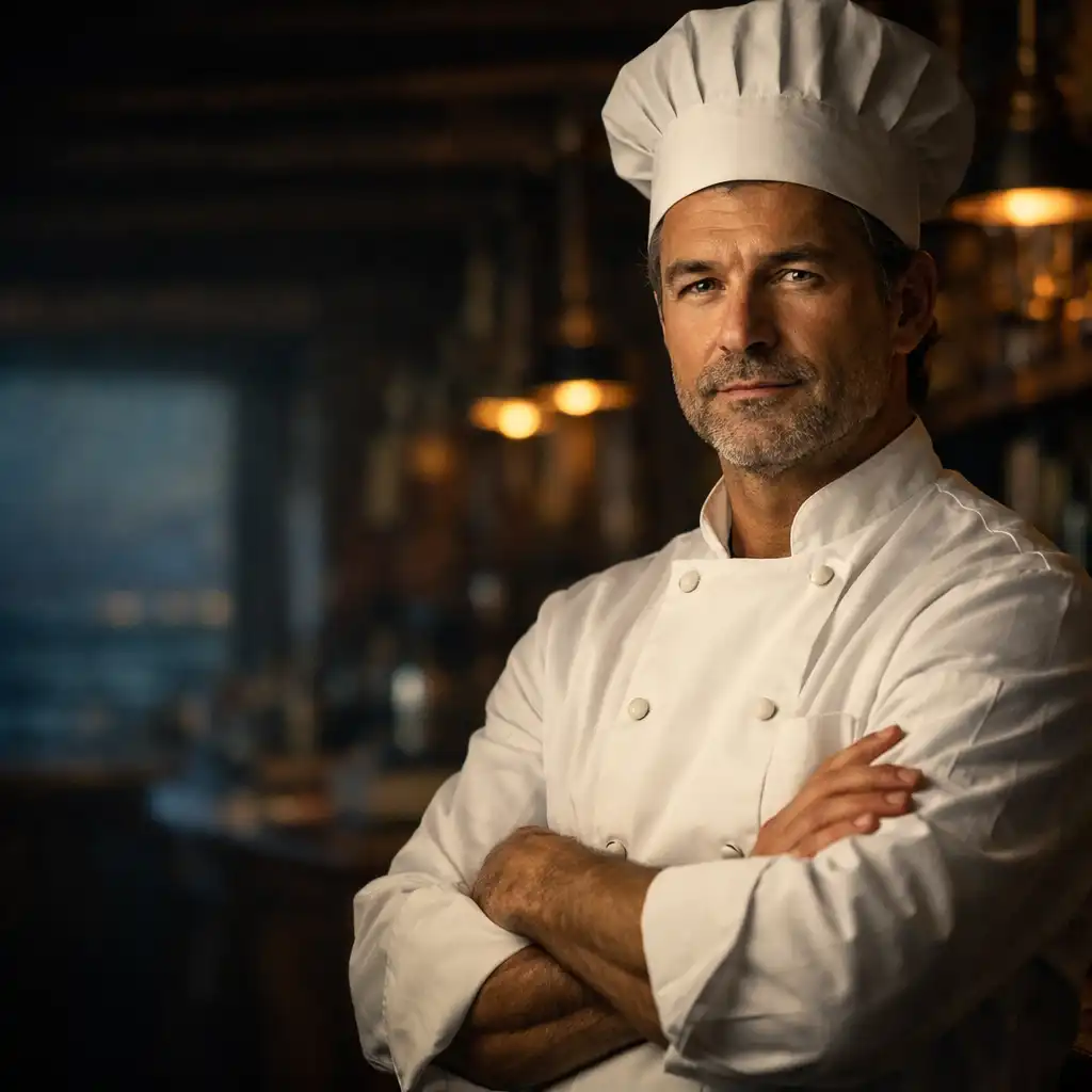 Executive Chef Mara Ellison in a dark, moody kitchen at Flavor Pavilion