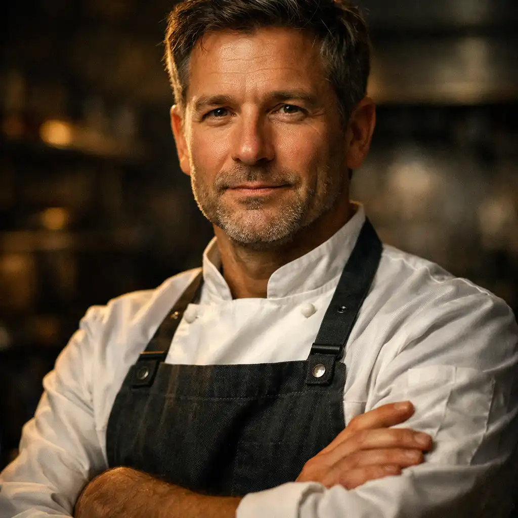 Portrait of the Flavor Pavilion chef in a dark kitchen, arms crossed, lit by warm side light