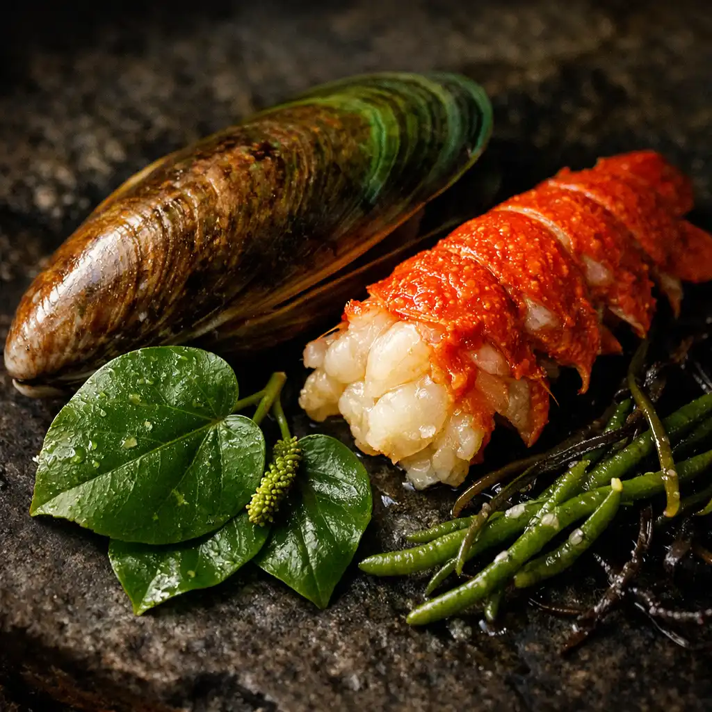 Close-up of fresh New Zealand coastal ingredients including green-lipped mussel, kawakawa, and crayfish on dark stone.