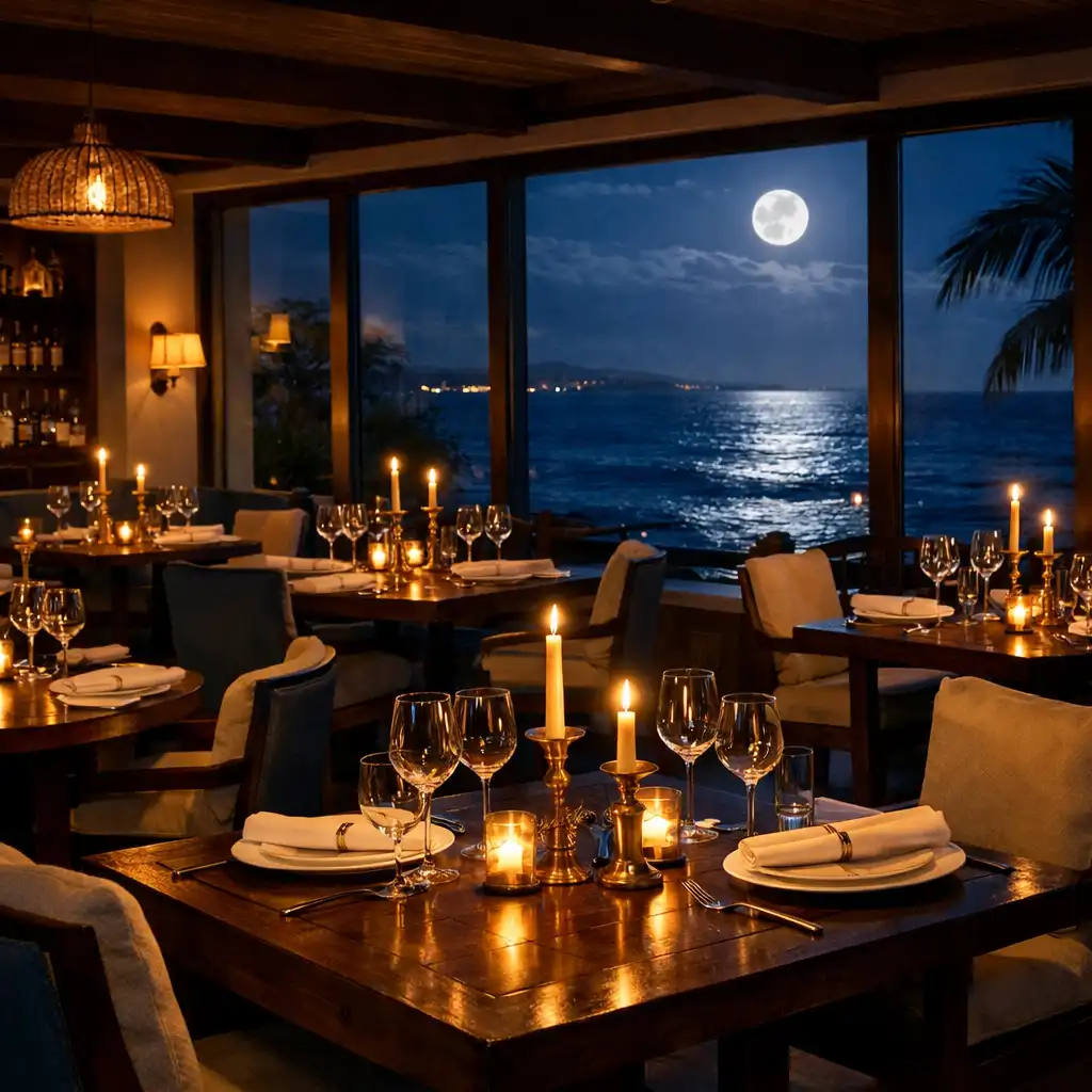 Intimate dining room at Flavor Pavilion with dark timber tables and candlelight