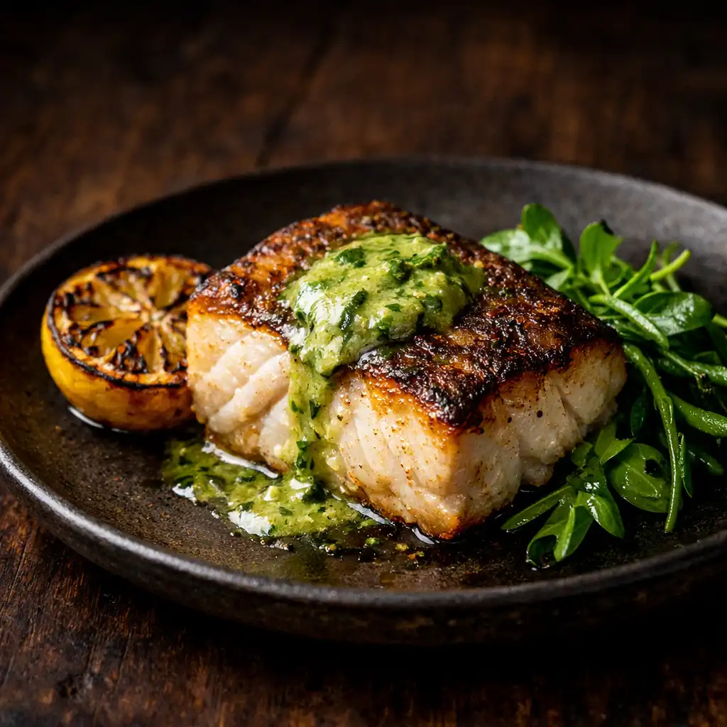 Pan-seared hapuka with kawakawa butter, charred lemon, and coastal greens on a dark plate