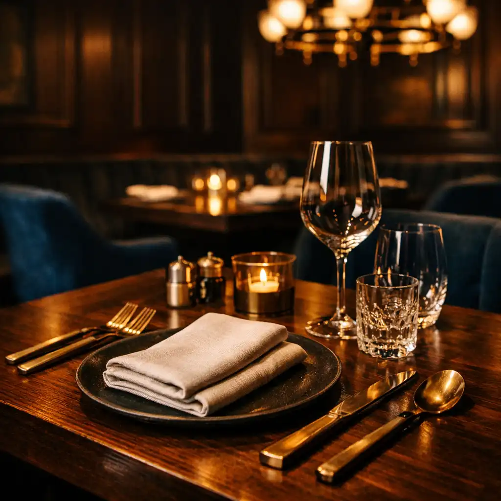 Detailed view of a Flavor Pavilion table setting with dark timber, brushed brass accents, and a linen napkin.