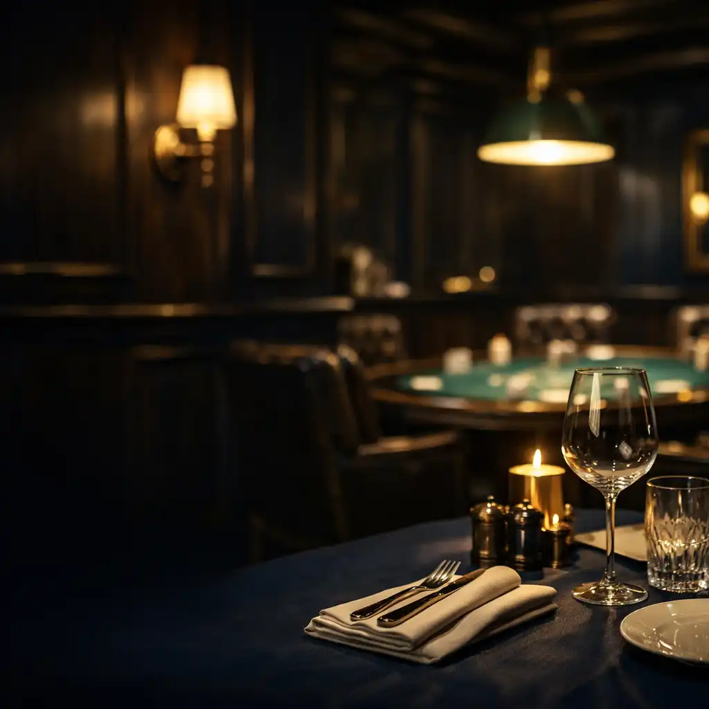 Dimly lit dining room with dark timber, brass fixtures, and a poker table visible in the background