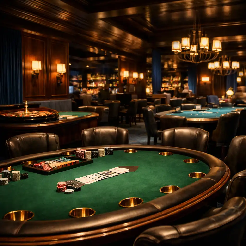 Casino lounge with dark timber paneling, a poker table in the foreground, and roulette and blackjack tables in the background