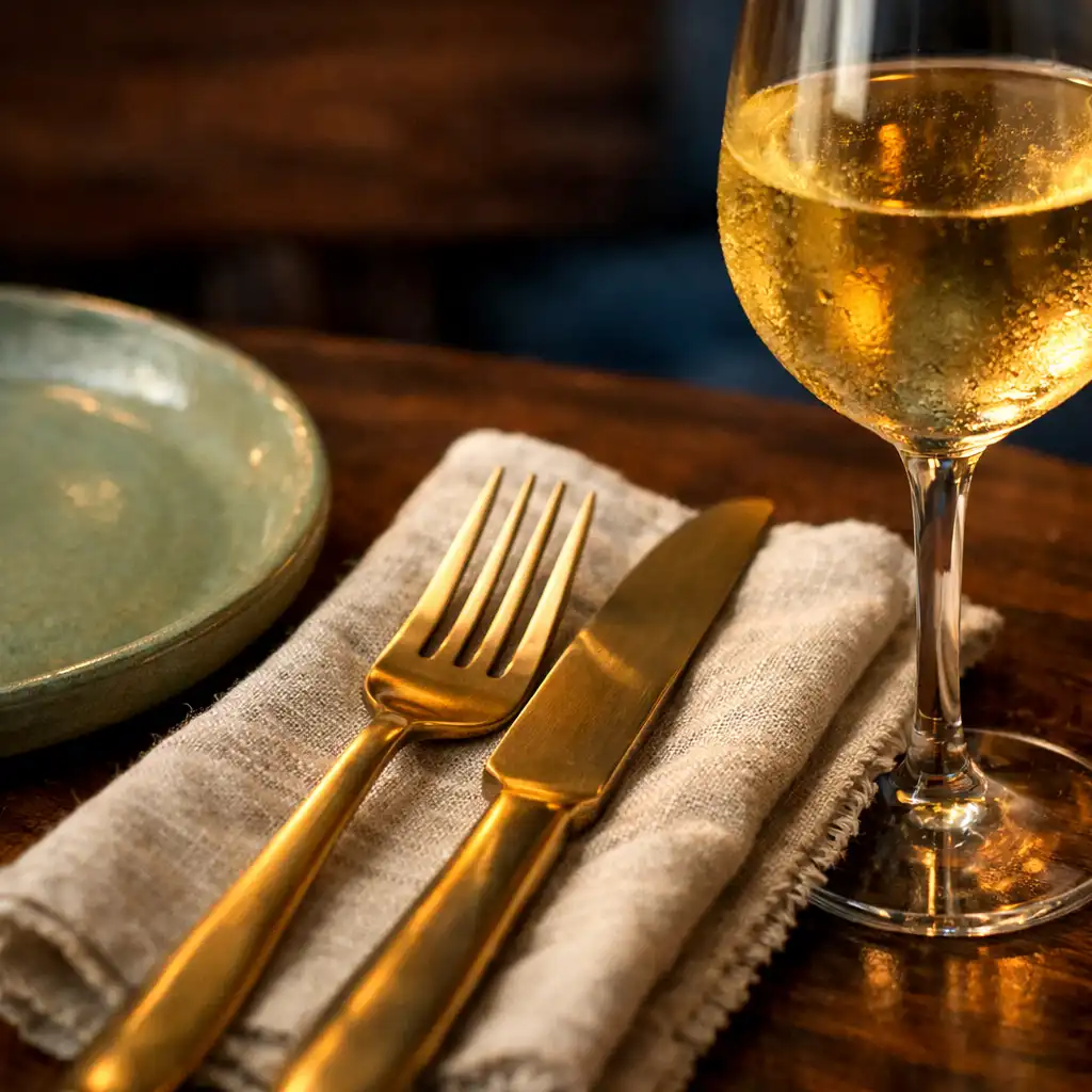 Close-up of a table setting with brass cutlery, a sage green plate, and a glass of white wine