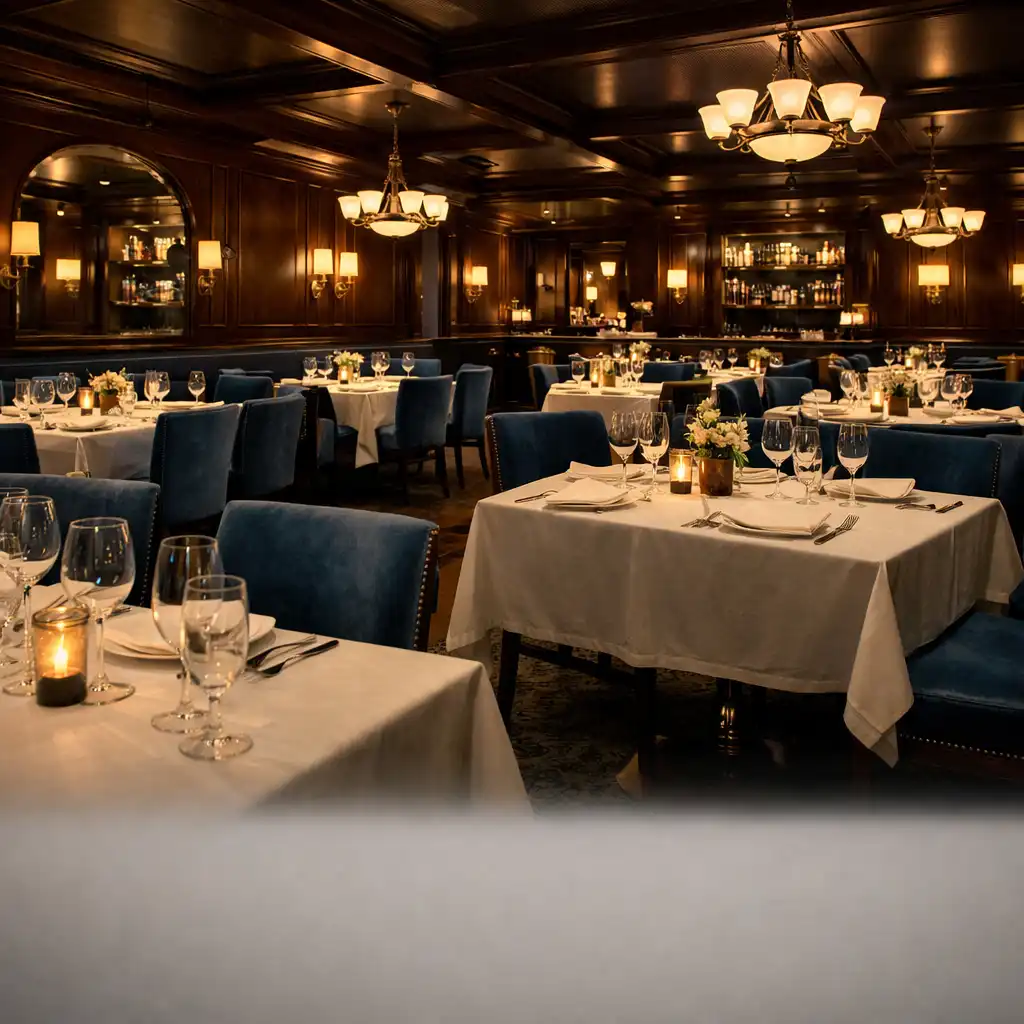 Wide view of the Flavor Pavilion dining room with dark timber, brass lights, and tables set with ivory linen