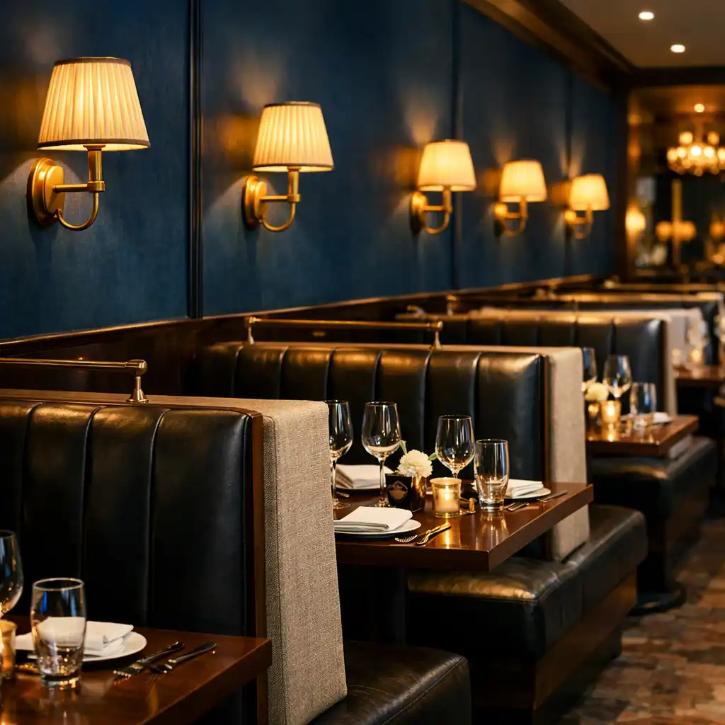 Row of dining booths with dark leather and linen upholstery under warm brass wall sconces