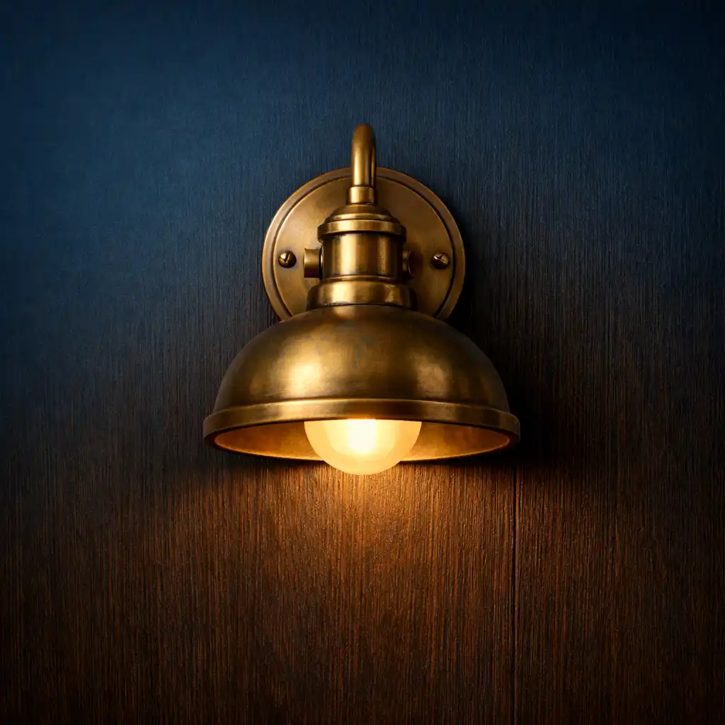 Brass light fixture on a dark timber wall with a soft warm glow