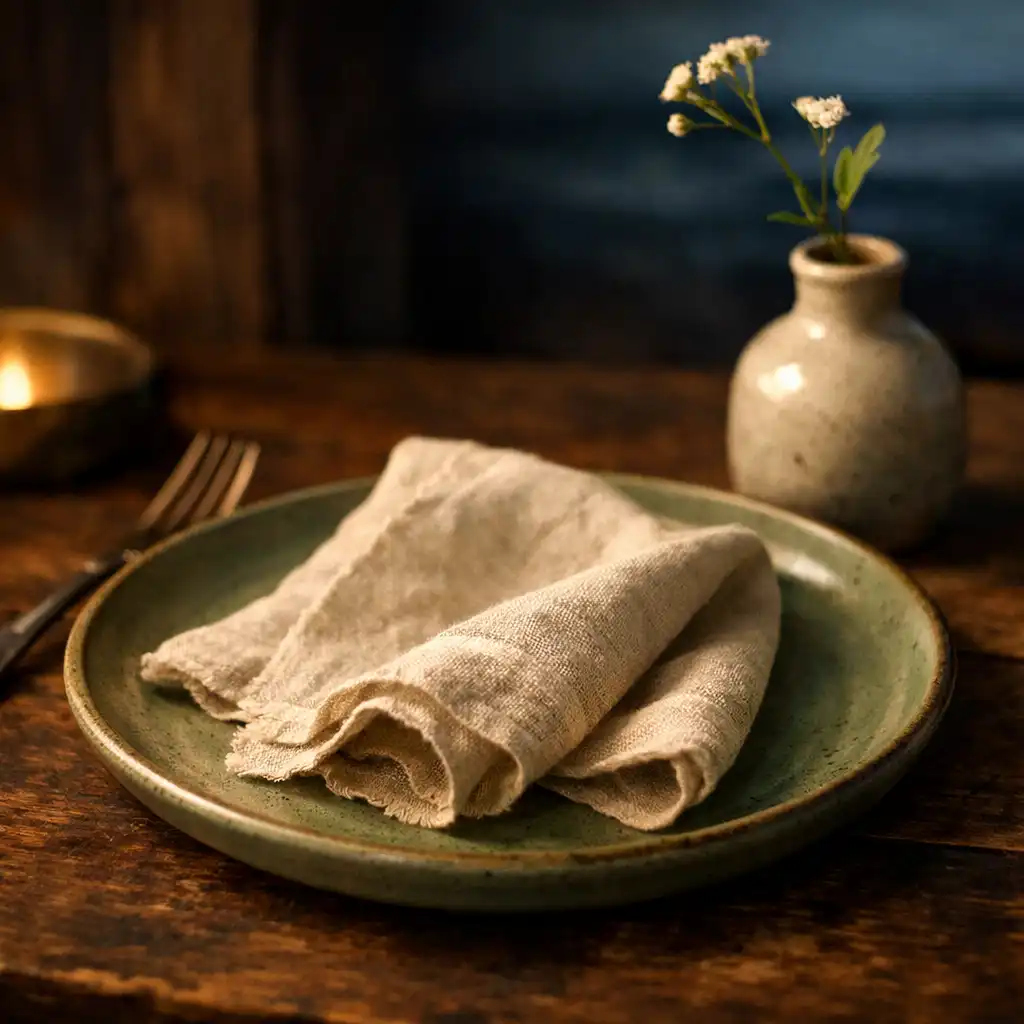 Table setting with a sage green ceramic plate, linen napkin, and a small vase with a single stem
