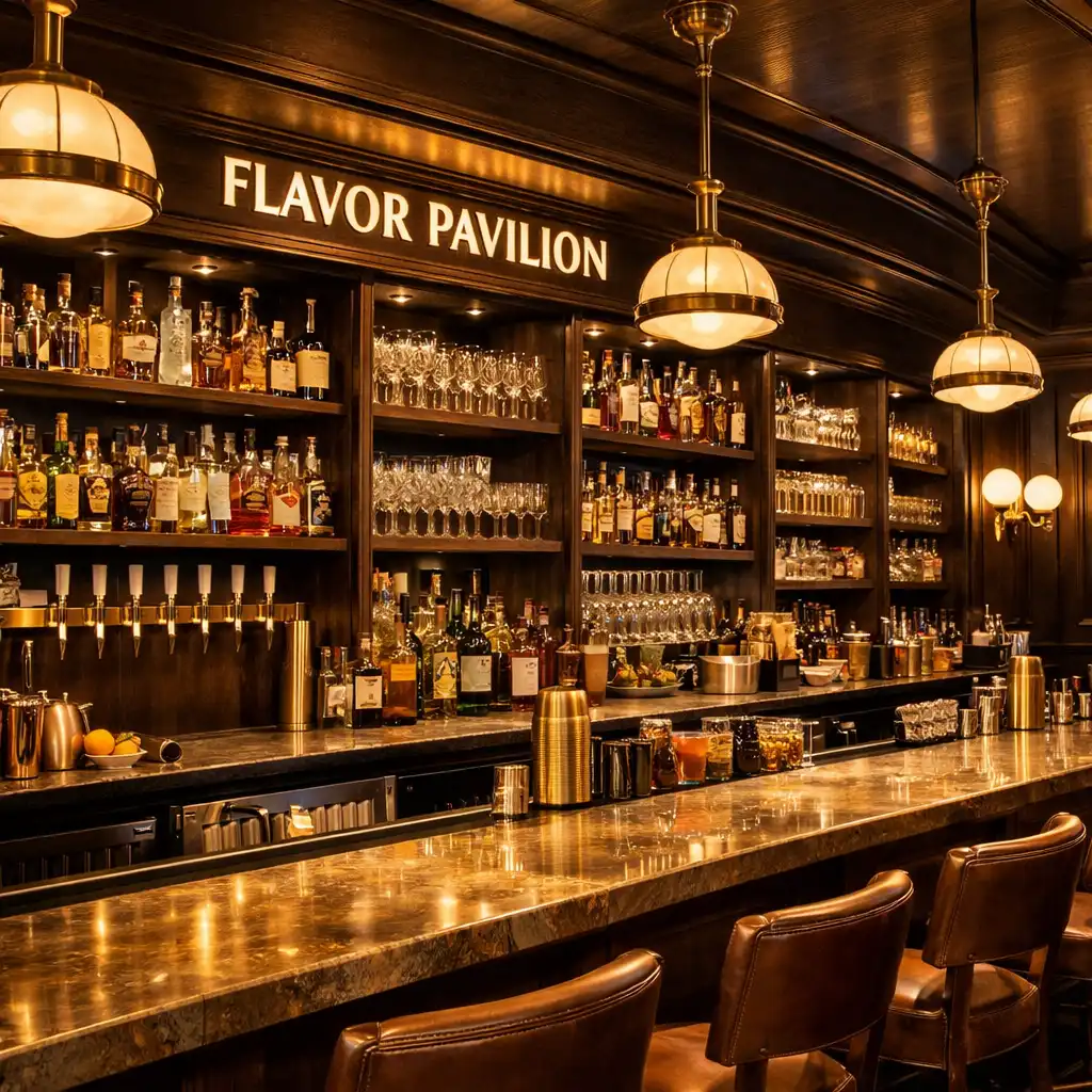 Bar area with dark timber shelves holding glassware and bottles under soft lighting