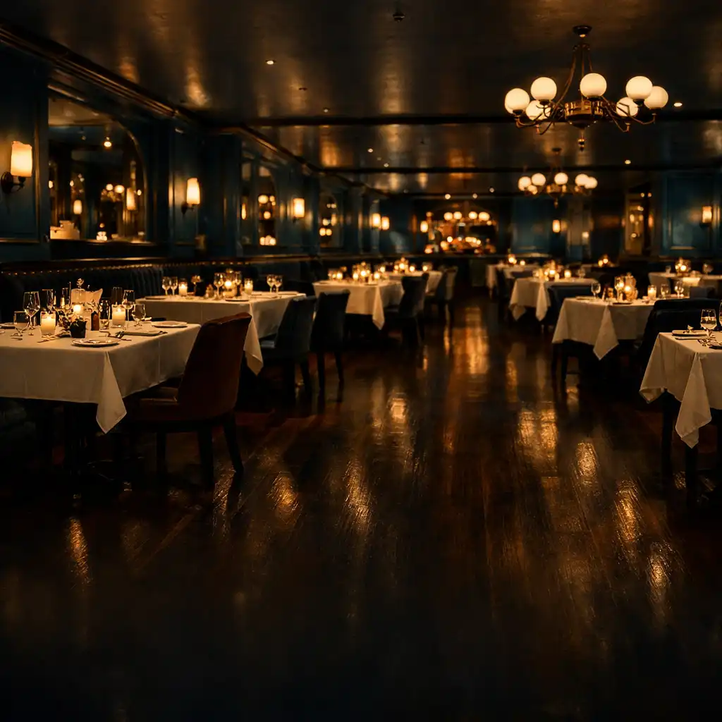 Main dining room at Flavor Pavilion with deep ocean blue walls, dark timber floors, and warm brass lighting
