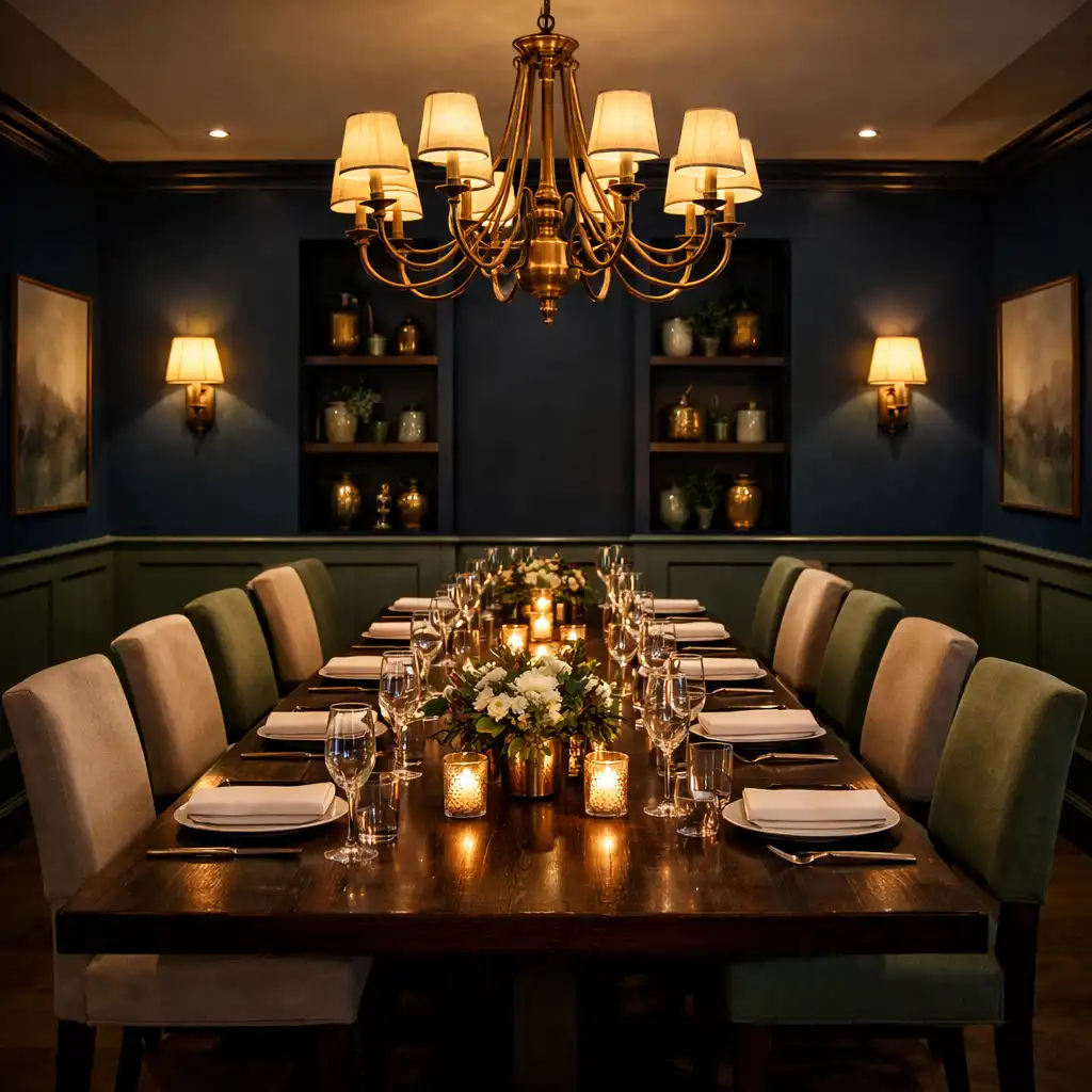 Private dining room with a long dark timber table, upholstered chairs, and a brass chandelier