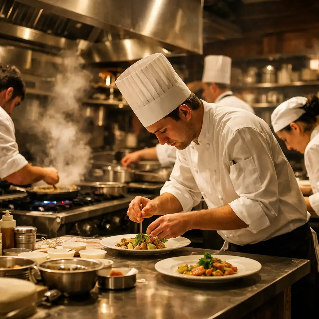 Chefs working at stations during a busy service at Flavor Pavilion