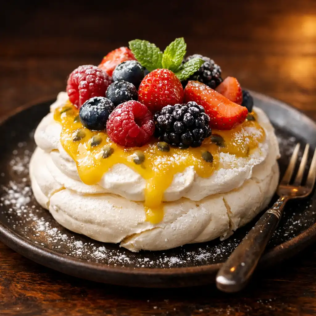 Pavlova with passionfruit curd and fresh berries