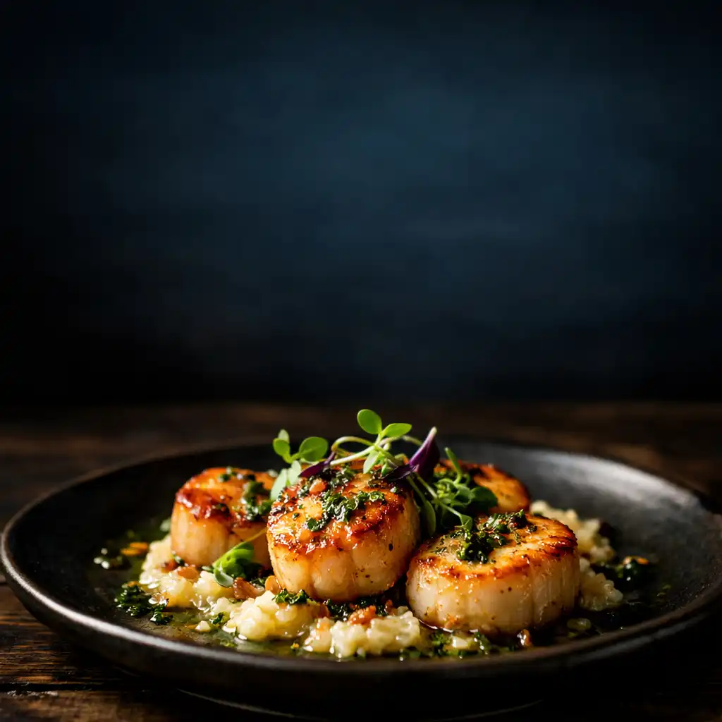 Seared scallops with herb oil on a dark ceramic plate