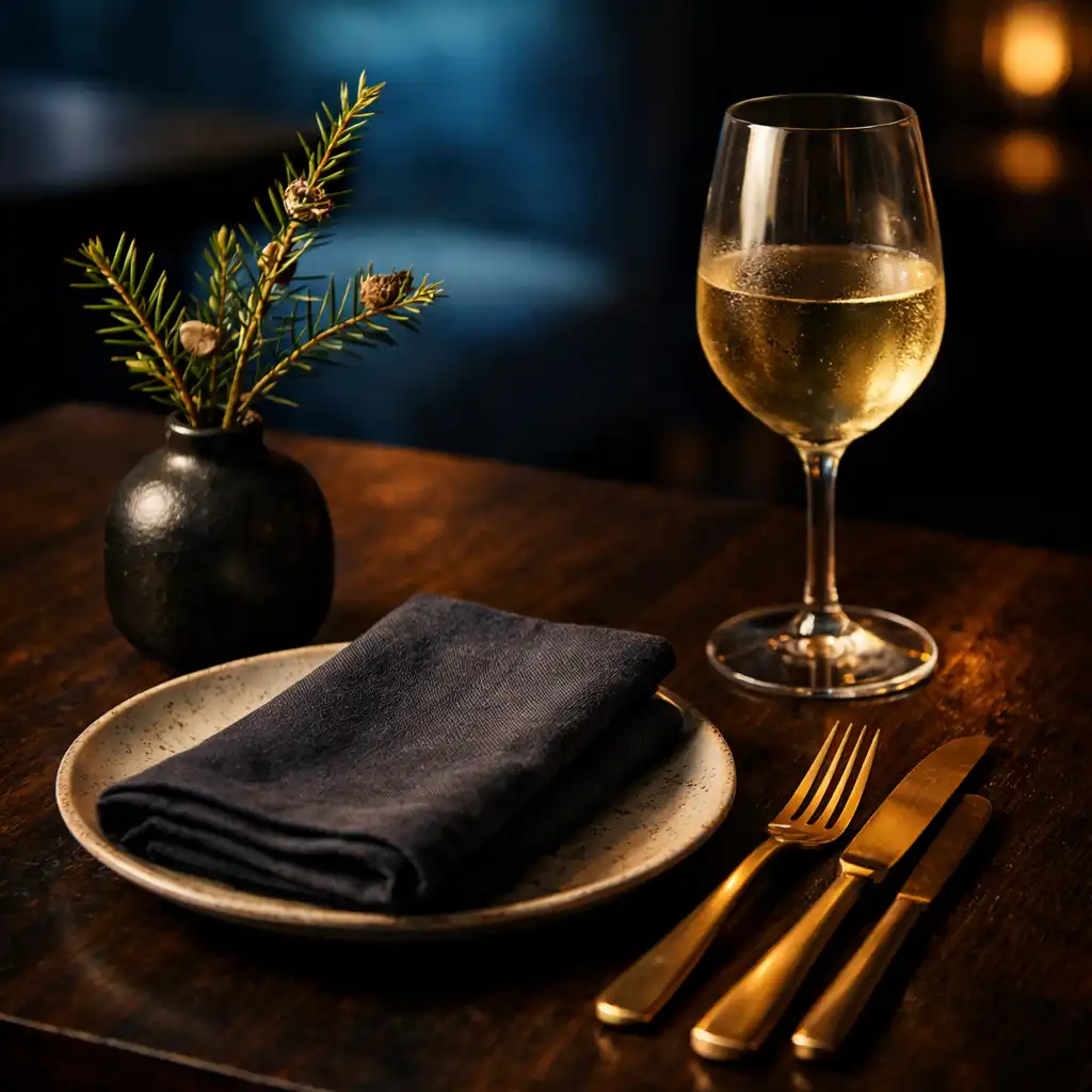A refined restaurant table setting with brass cutlery and a glass of wine