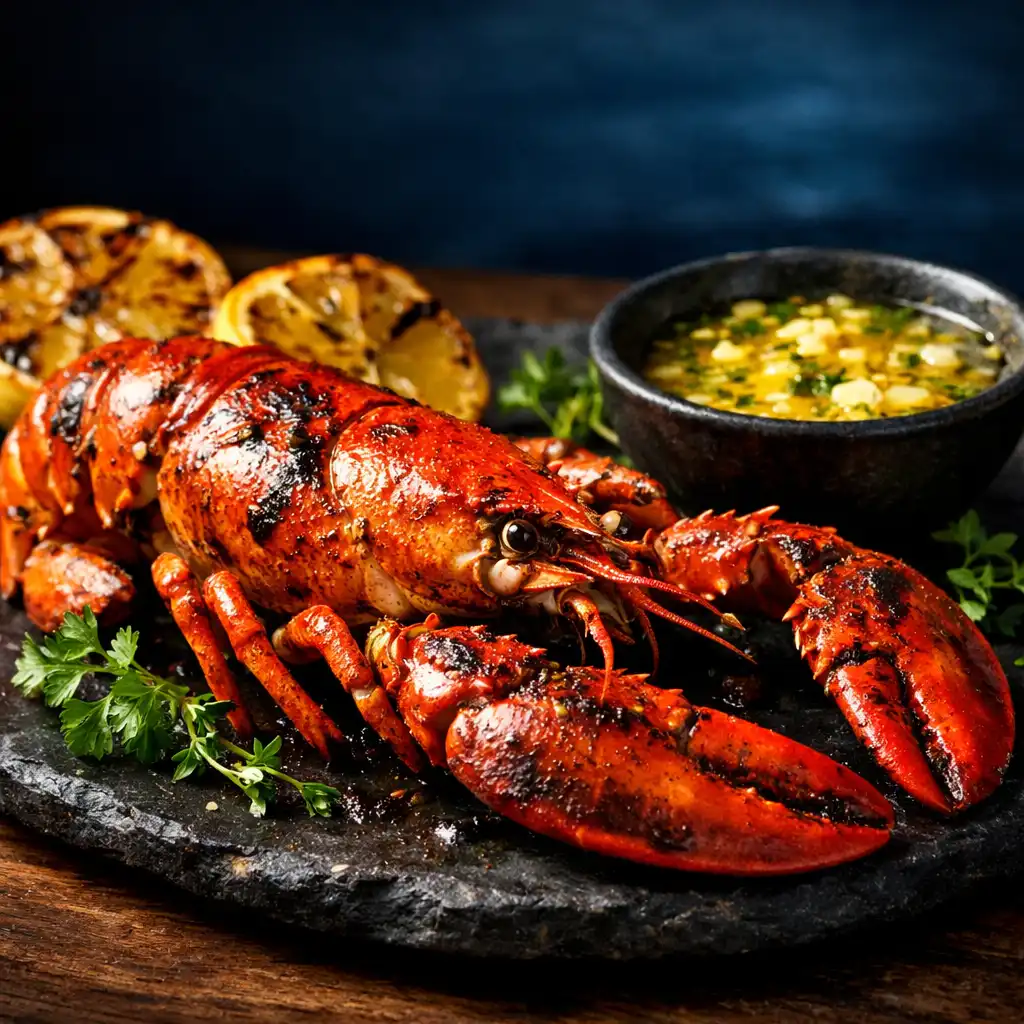Whole grilled crayfish with garlic butter and charred lemon