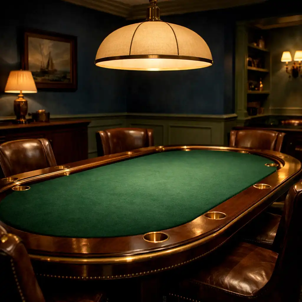 Interior of the poker lounge with a dark timber table, green felt, leather chairs, and warm pendant lighting