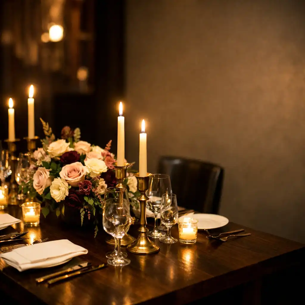 Private dining table set with brass candlesticks and a floral centerpiece in a dimly lit room