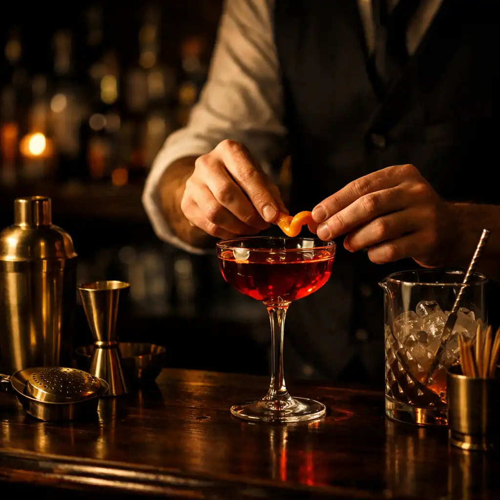 Bartender crafting a signature cocktail at a dark wood bar with brass tools