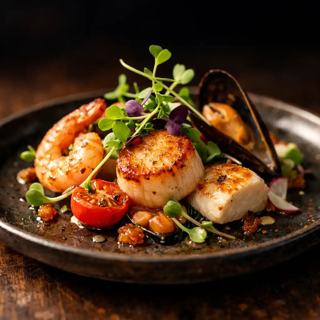 Elegant plated seafood dish on a dark ceramic plate with microgreens