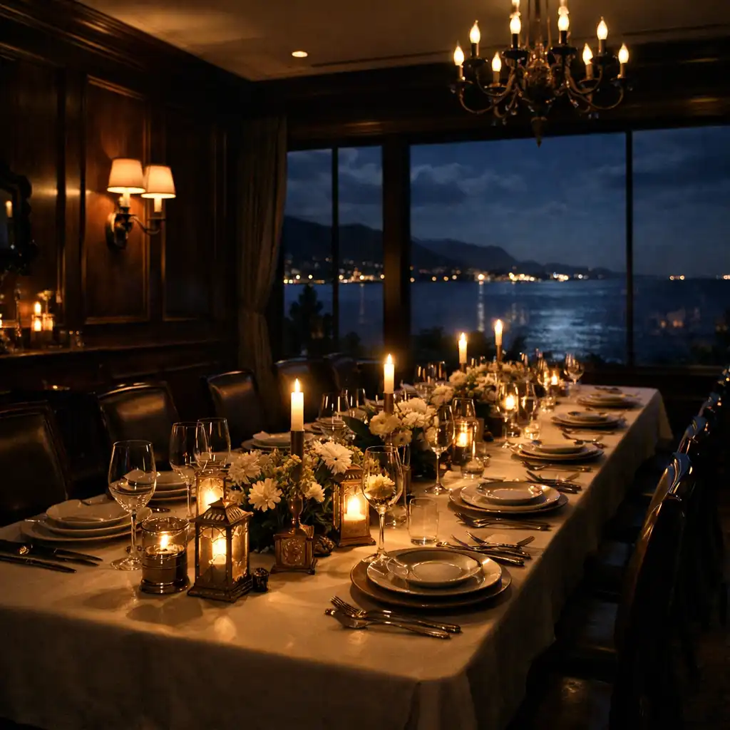 A beautifully set private dining table with fine china, crystal, and warm candlelight in an elegant dark room