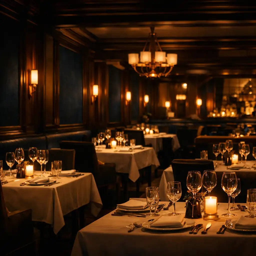 Cinematic wide view of the Flavor Pavilion dining room at night with dark timber, deep blue accents, and warm brass lighting.