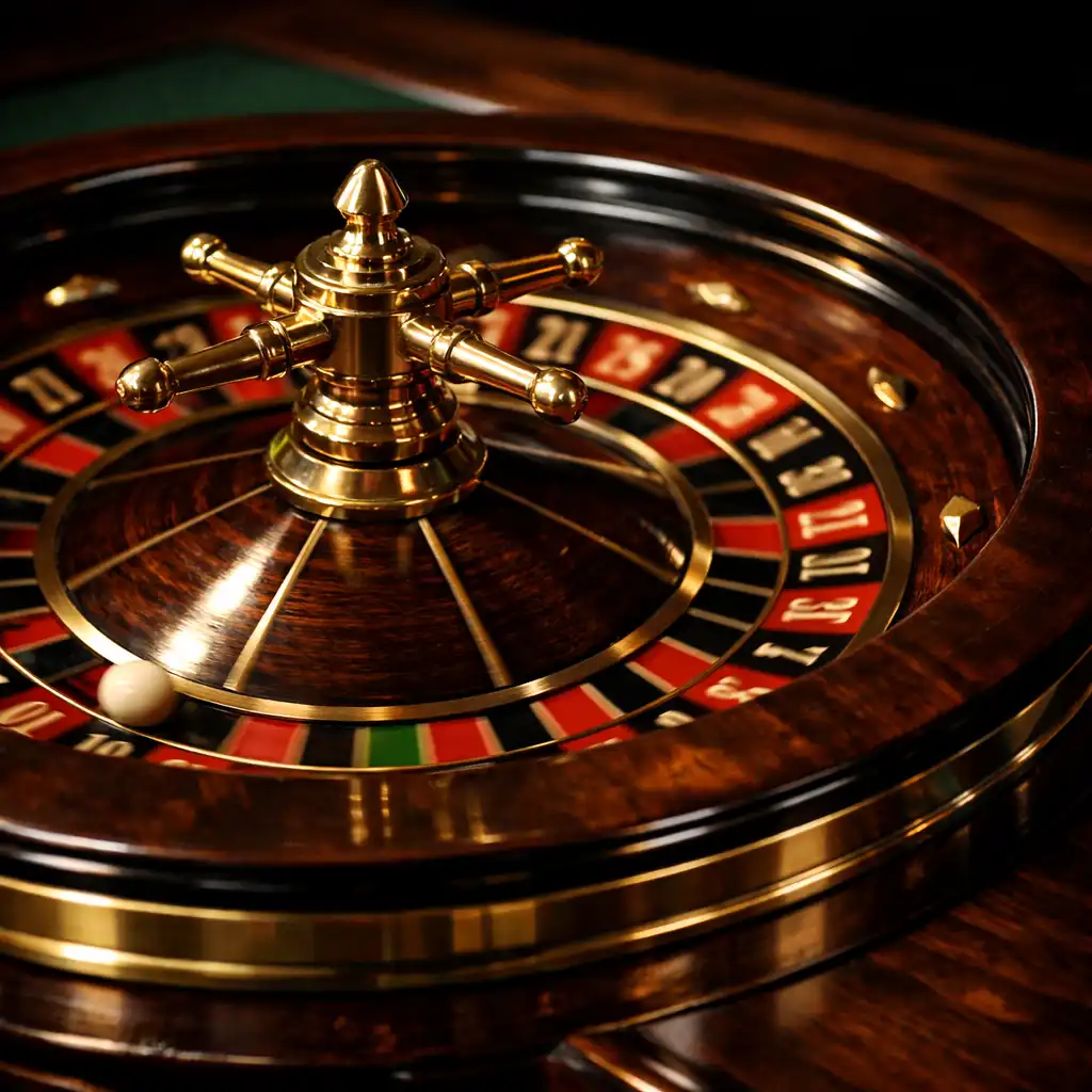 Close-up of a brass-accented roulette wheel on a dark timber table with deep green felt