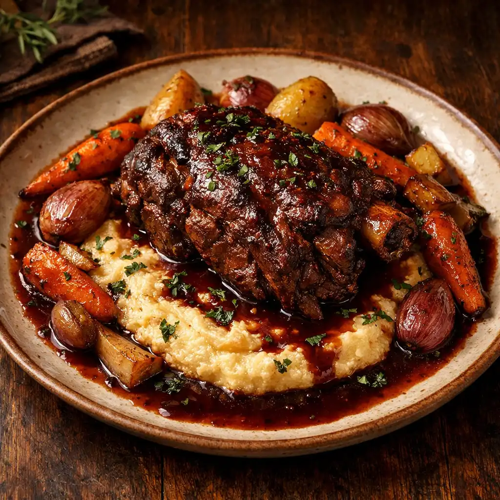 Braised lamb shoulder on creamy polenta with roasted root vegetables and red wine reduction