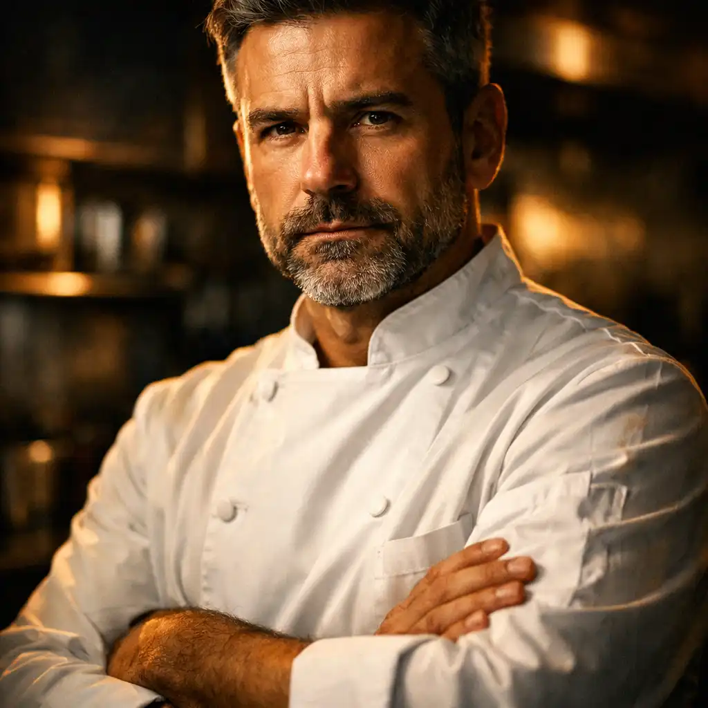 Portrait of the chef in a dark kitchen, arms crossed