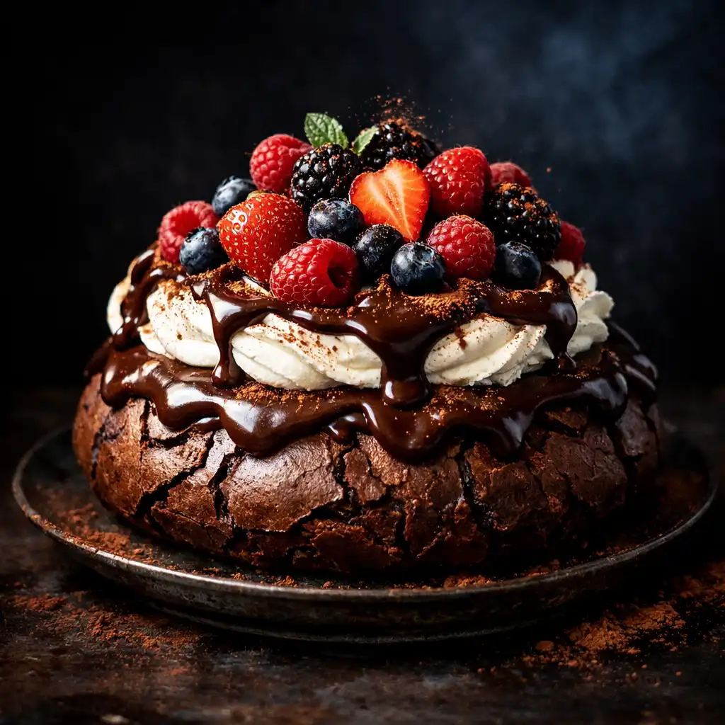 Dark chocolate pavlova with crisp meringue, whipped cream, chocolate ganache, and fresh berries