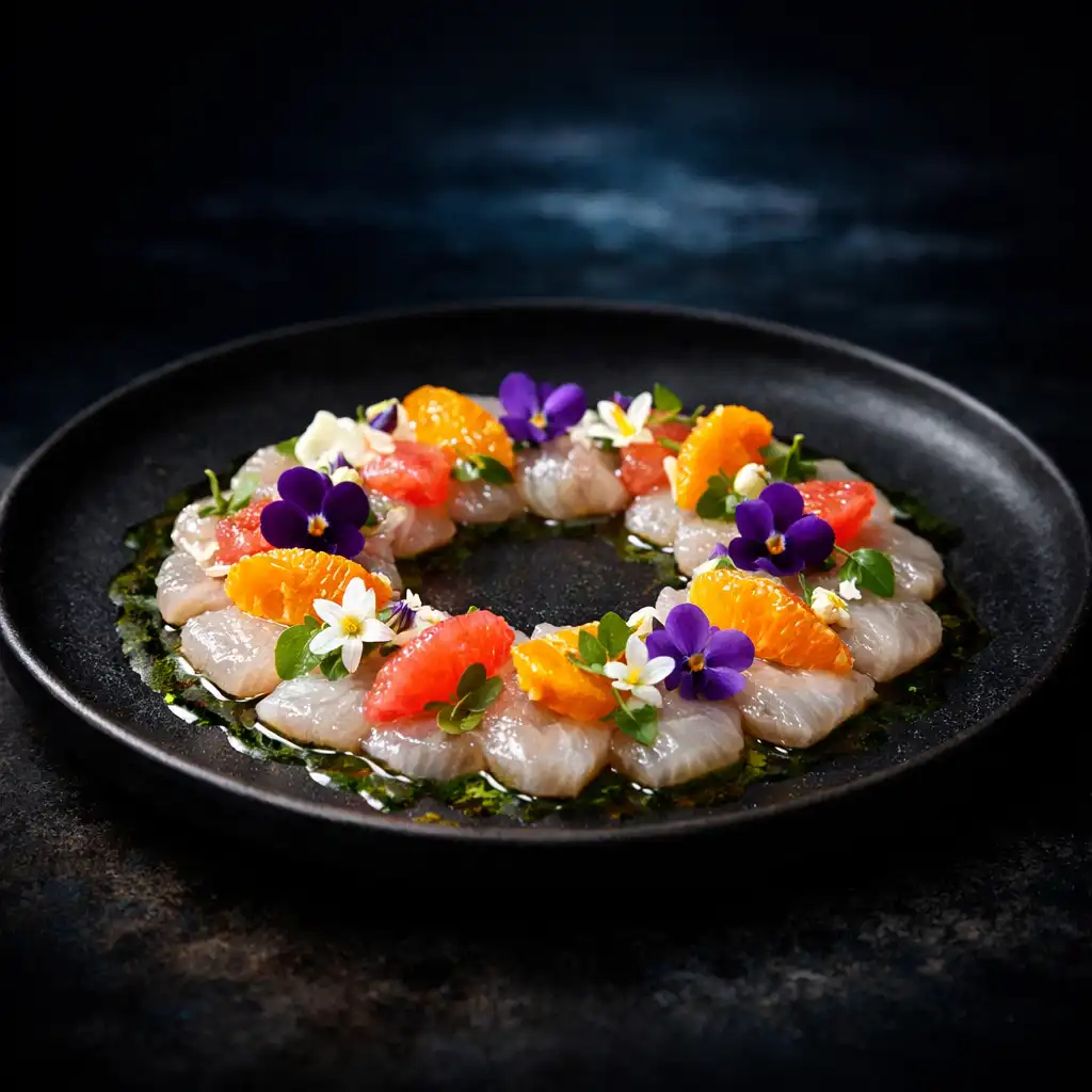 Coastal Crudo with thin slices of white fish, citrus segments, edible flowers, and herb oil