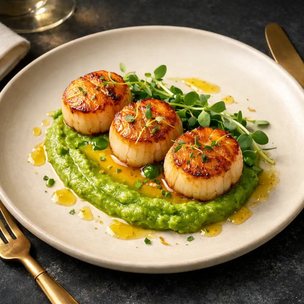 Seared scallops on pea purée with microgreens and citrus glaze