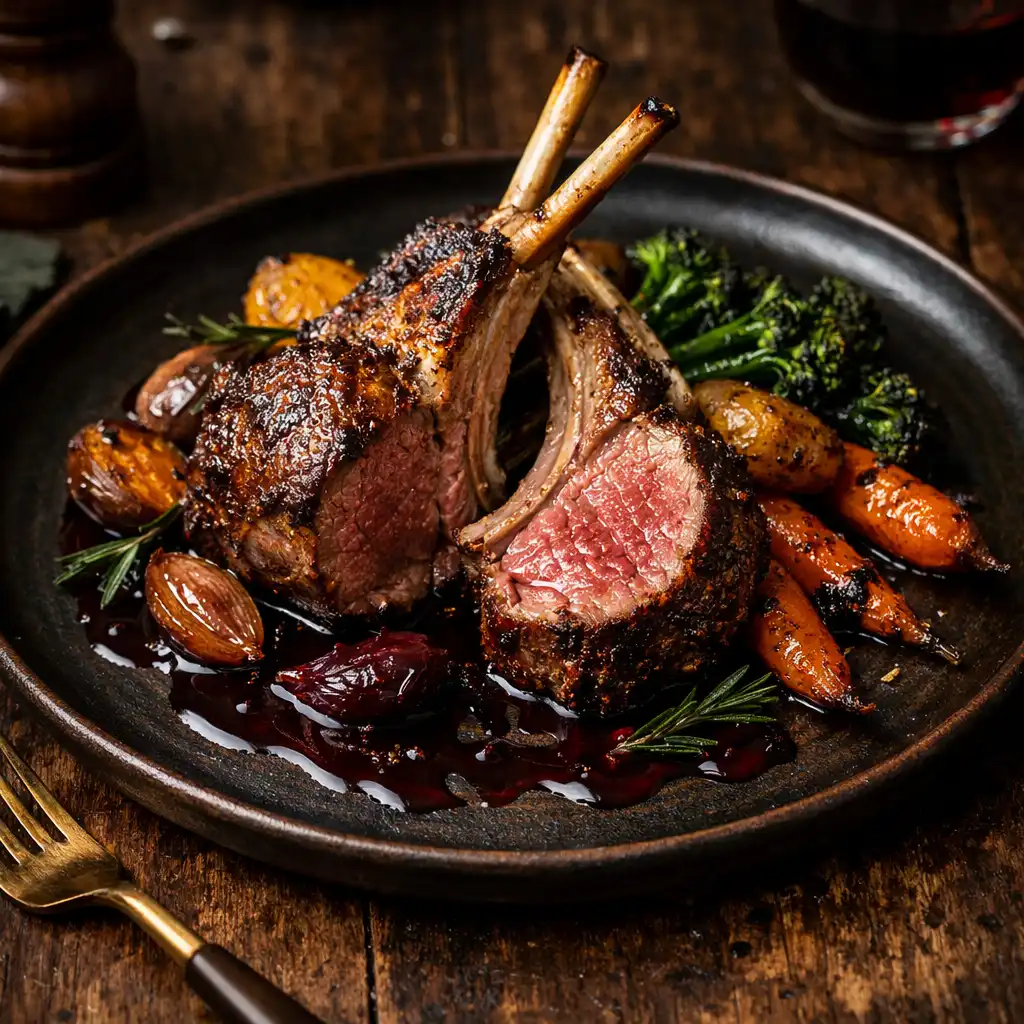 Plated lamb dish with roasted vegetables and red wine reduction