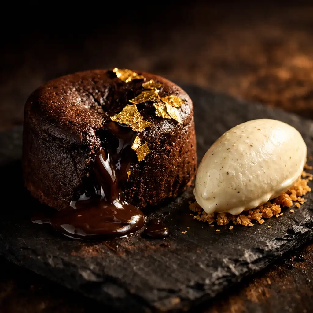Dark chocolate fondant with gold leaf and vanilla ice cream