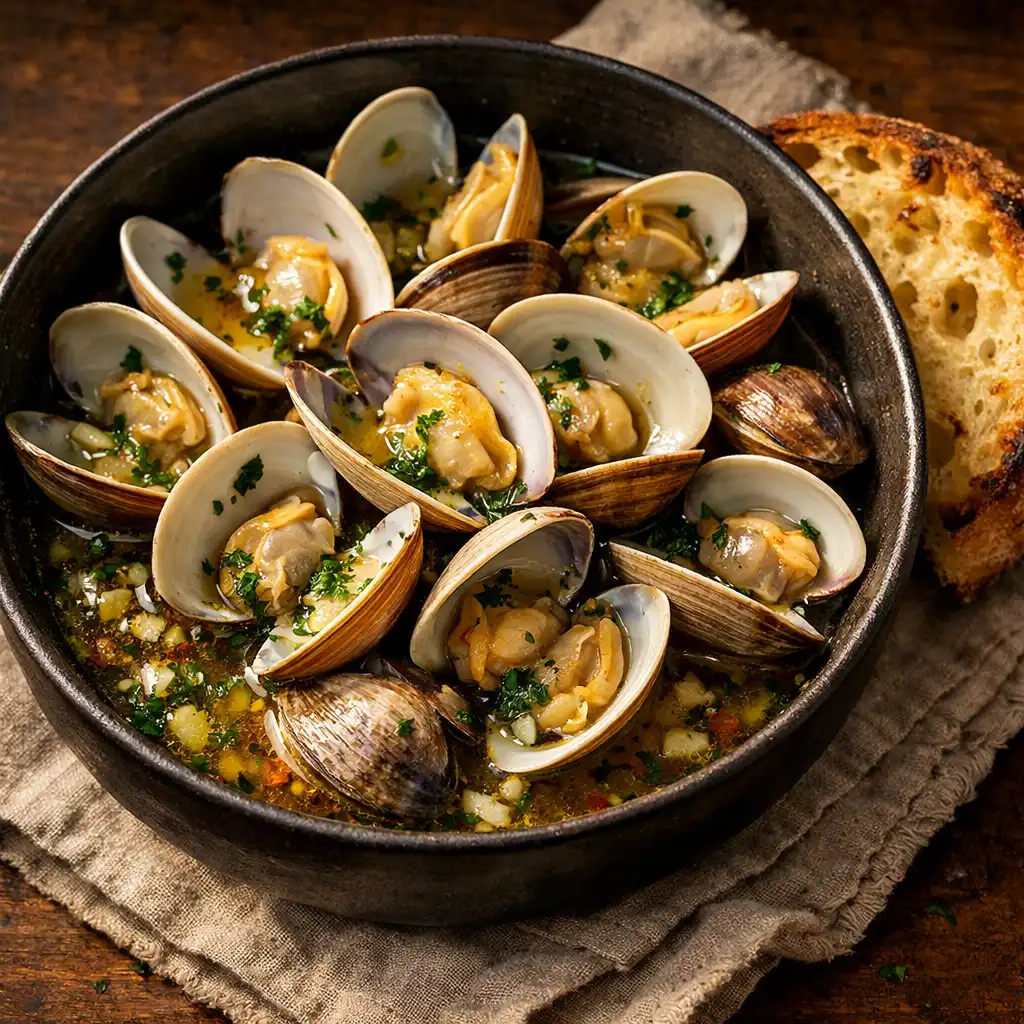 Steamed Cloudy Bay clams with garlic, white wine, and sourdough