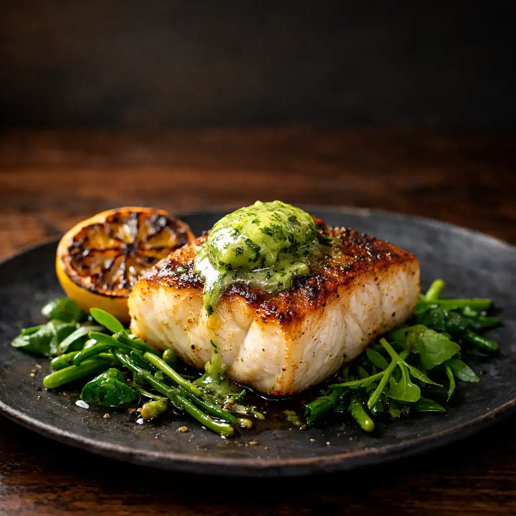 Pan-seared hapuka with kawakawa butter, charred lemon, and coastal greens