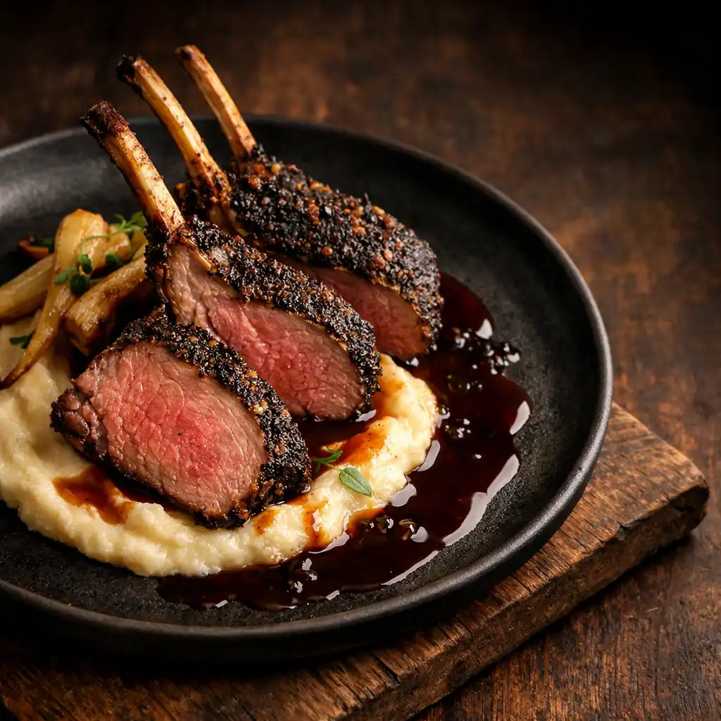 Slow-roasted lamb rack with horopito crust, parsnip purée, and red wine jus