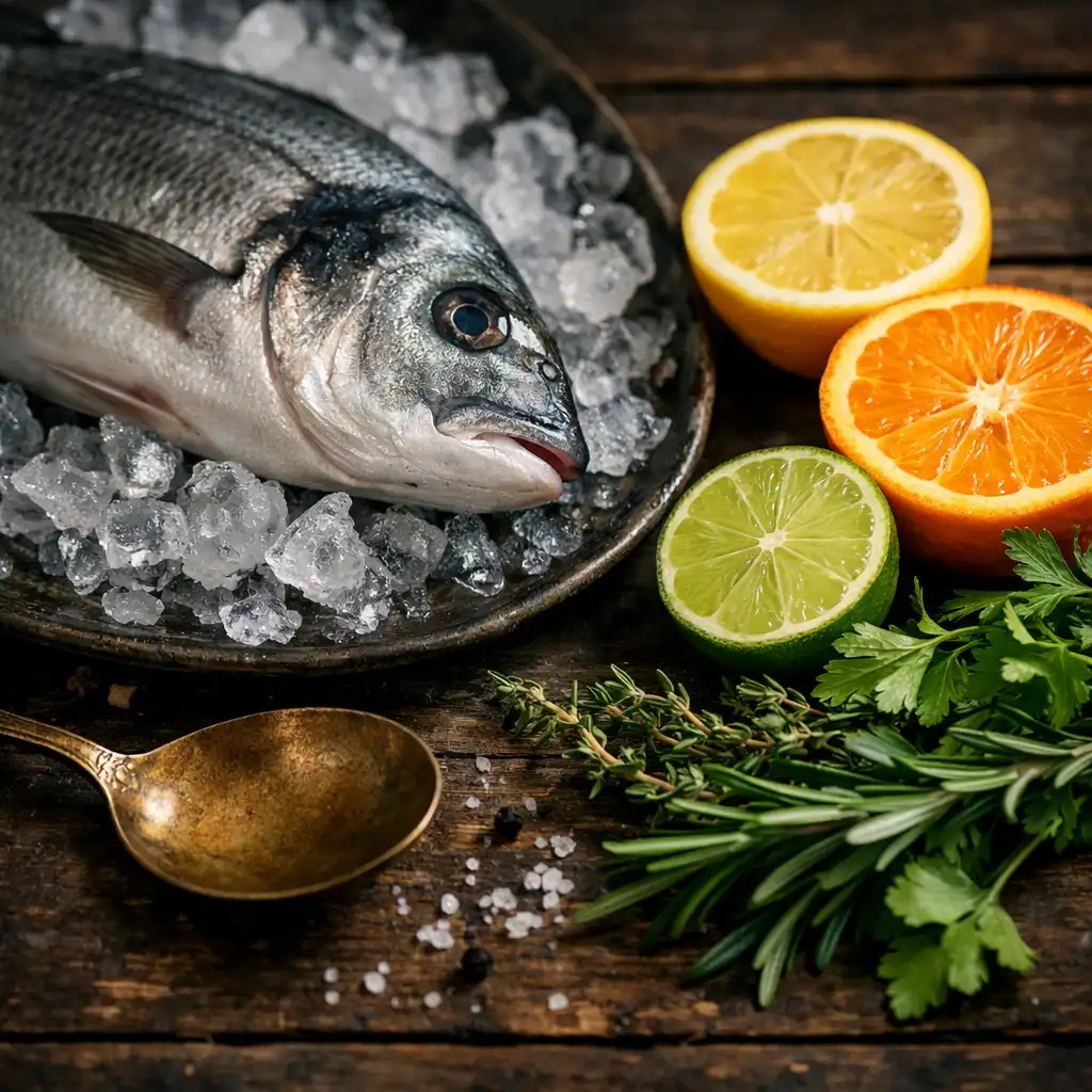 Fresh whole fish, citrus halves, herbs, and a brass spoon on a dark wooden table